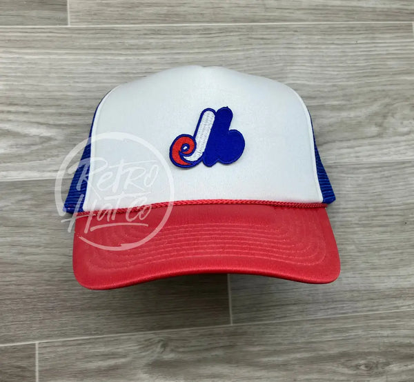 Vintage 90S Montreal Expos Patch On Red White & Blue Meshback Trucker Hat Ready To Go