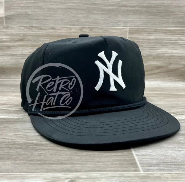 Vintage 90S New York Yankees (White Ny) Patch On Black Poly Rope Hat Ready To Go
