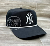 Vintage 90S New York Yankees (White Ny) Patch On Black Retro Hat W/White Rope Ready To Go