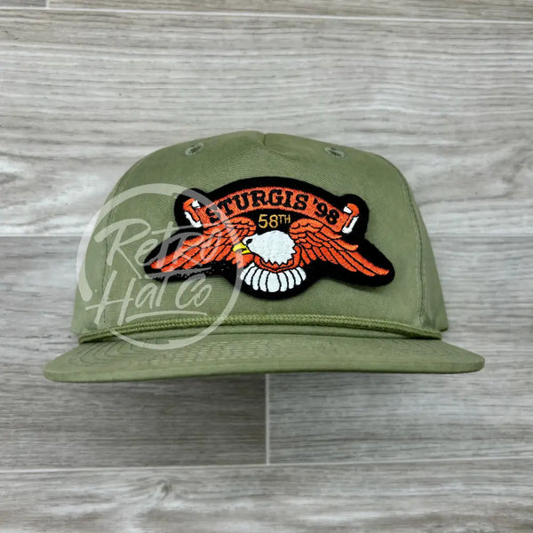 Vintage 98 Sturgis Orange Eagle Patch On Olive Retro Rope Hat Ready To Go