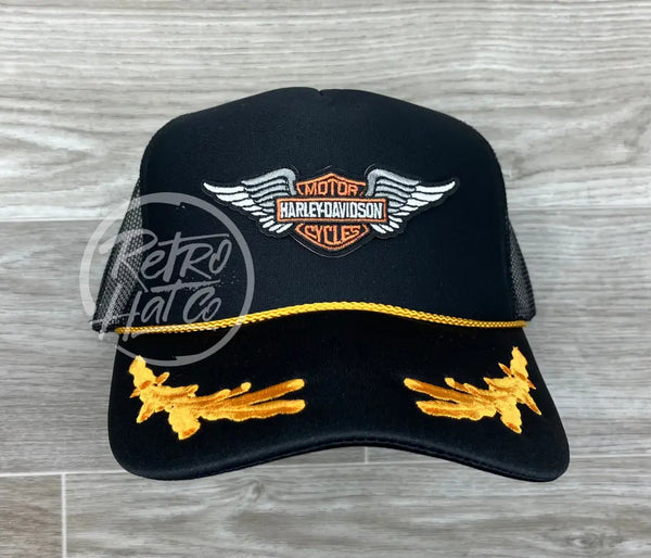 Vintage Harley Davidson Wings Patch On Black Trucker Hat W/Scrambled Eggs Ready To Go