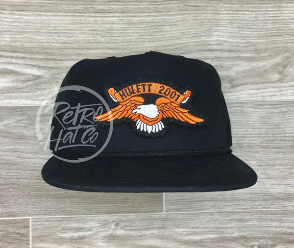 Vintage Hulett 2001 Orange Eagle Biker Rally Patch On Black Poly Rope Hat Ready To Go