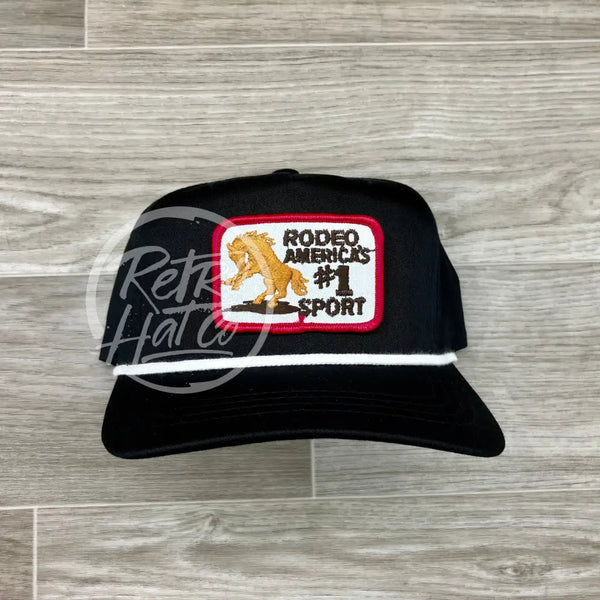 Vintage Rodeo #1 Sport On Black Retro Hat W/White Rope Red Border Ready To Go