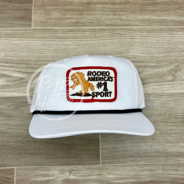 Vintage Rodeo #1 Sport On White Retro Hat W/Black Rope Red Border Ready To Go