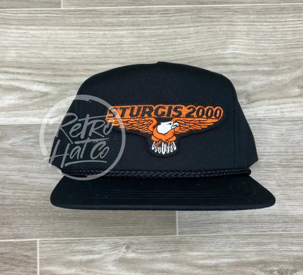 Vintage Sturgis 2000 (Large Orange Eagle) Patch On Black Classic Rope Hat Ready To Go