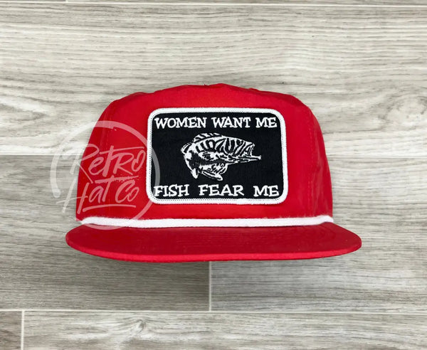 Women Want Me / Fish Fear Me On Retro Poly Rope Hat Red Poly