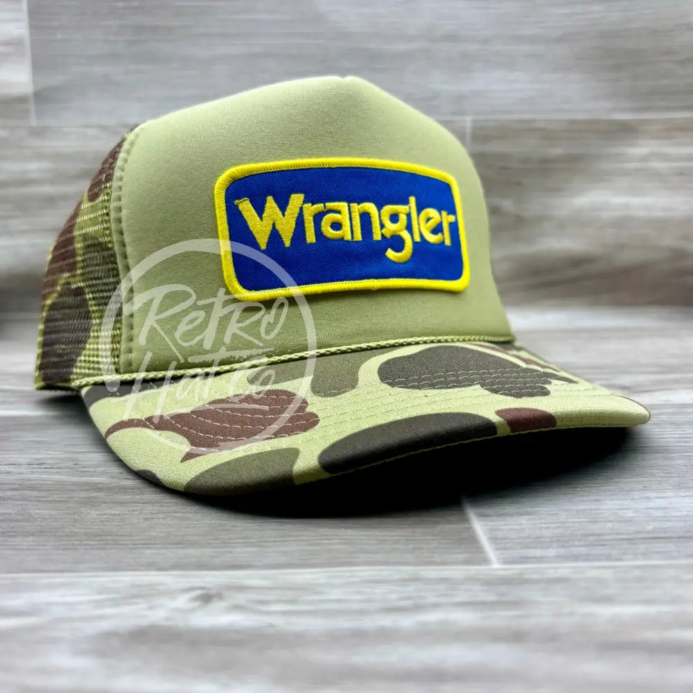 Wrangler (Blue) Patch on Solid Front Camo Meshback Trucker Hat display picture 1