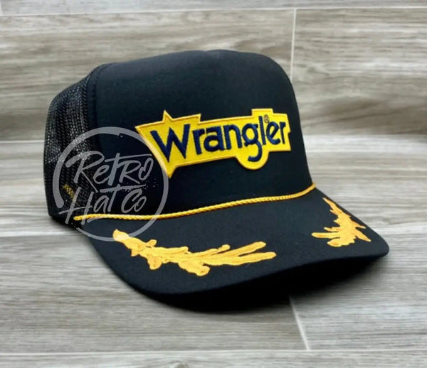 Wrangler Patch on Black Trucker Hat w Scrambled Eggs